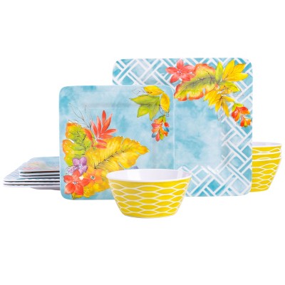 Laurie Gates Tropicalla 12 Piece Square Melamine Dinnerware Set in Blue