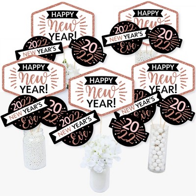 Big Dot of Happiness Rose Gold Happy New Year - 2022 New Year's Eve Party Centerpiece Sticks - Table Toppers - Set of 15