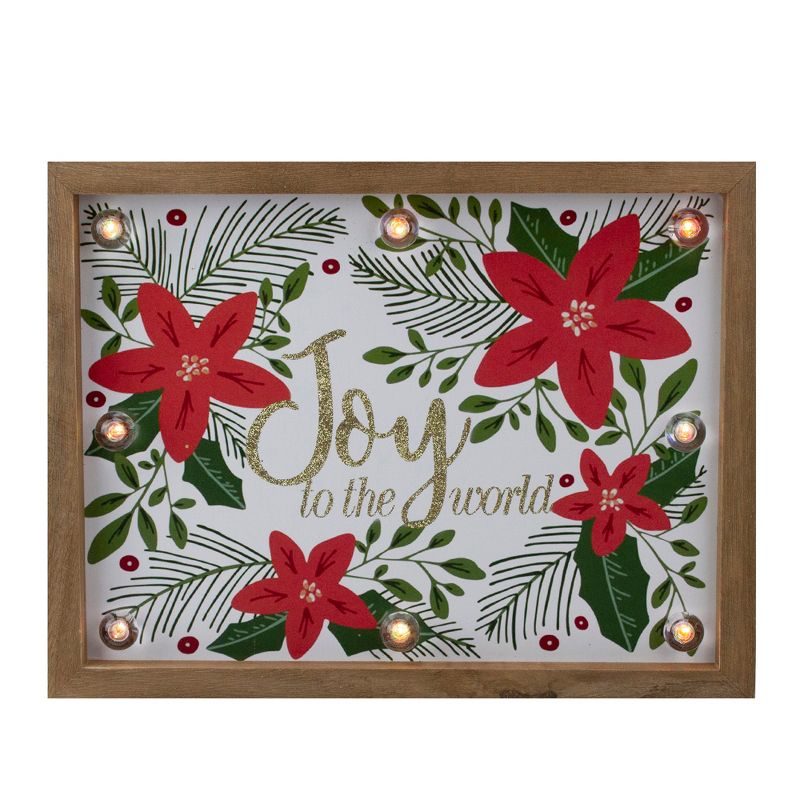 Northlight 11.8" Lighted Brown Wooden Frame Poinsettia "Joy to the World" in Glitter Christmas Plaque, 1 of 4