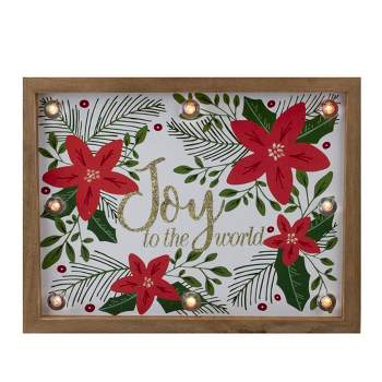 Northlight 11.8" Lighted Brown Wooden Frame Poinsettia "Joy to the World" in Glitter Christmas Plaque