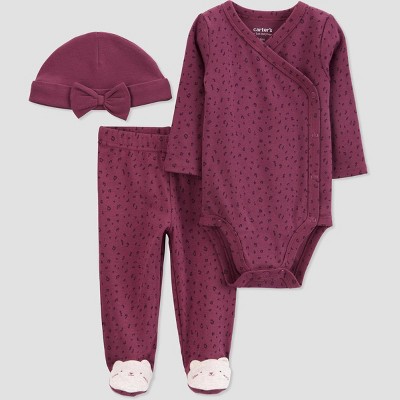 Image of Carter's Just One You® Baby 3pc Animal Print Top & Bottom Set with Hat - Purple Newborn