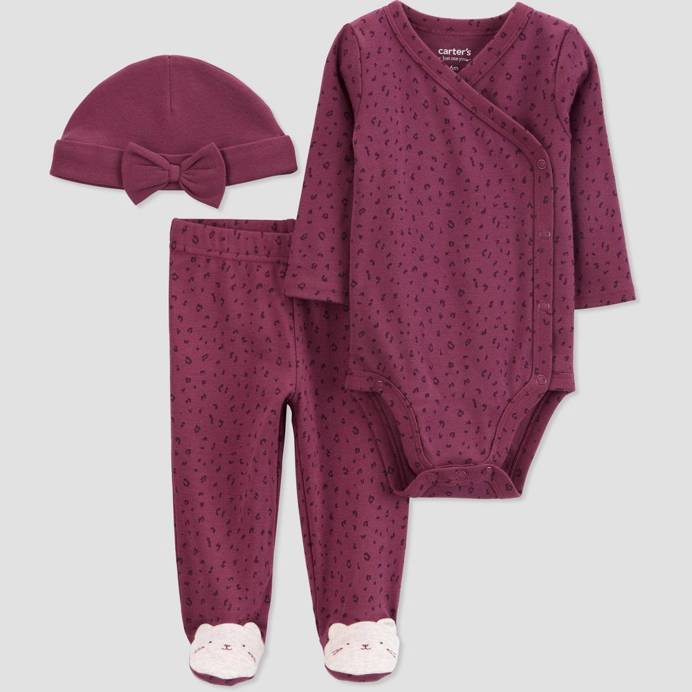 Carter's Just One You® Baby 3pc Animal Print Top & Bottom Set with Hat - Purple Newborn -  88232731