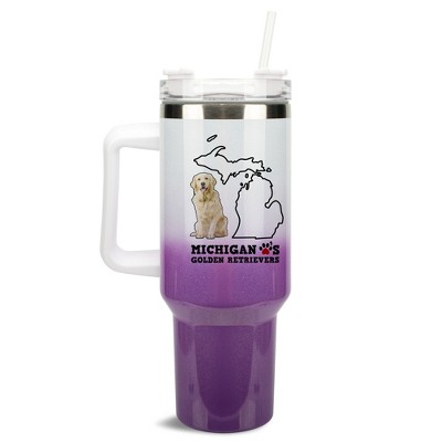 Elanze Designs The Wolverine State Michigan Loves Golden Retrievers Purple and White Double Wall Stainless Steel Insulated Travel Tumbler with Lid and