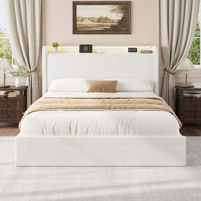 Boucle Bed Frame with LED Light Headboard, Charging Station and 4 Storage Drawers