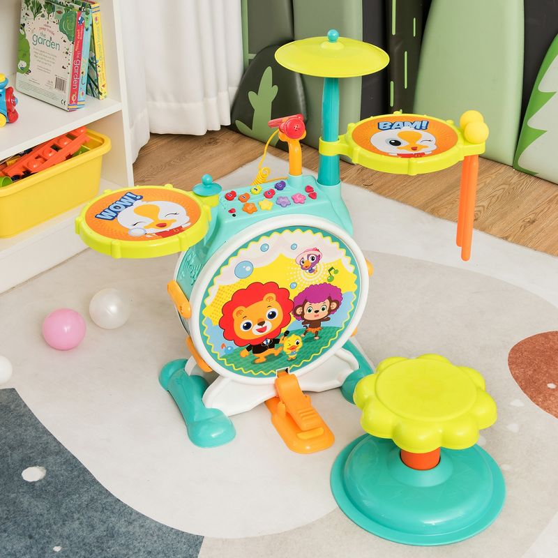 Costway 3-Piece Electric Kids Drum Set Musical Toy Gift w/Microphone Stool Pedal, 3 of 11
