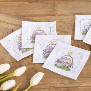 Transpac Cotton Hemstitched Easter Bunny Cocktail Napkin Set for Home Decorations and Kitchen Textiles - 1 of 1