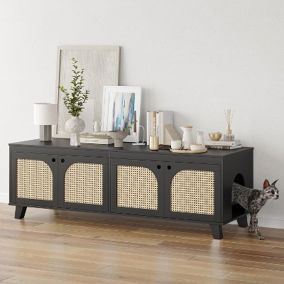 Lirago Double Hidden Cat Litter Box Enclosure Furniture Cabinet with Rattan Doors Two Entries for Two Cats Large Space Odor Control Modern Style