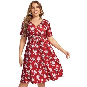 V Neck Hide Belly Dresses for Plus Size Women Sundress Drawstring Waist Short Sleeve Dress Fit and Flare Dress Midi Dress - 1 of 4
