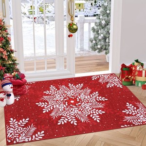 Washable Rug Christmas Rug for Living Room Non-Slip Snowflakes Floor Cover Low Pile  Foldable Green Christmas Rugs - 1 of 4