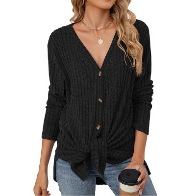 Womens V Neck Sweater Cardigan Button Front Twist Detail Long Sleeve Cardigan