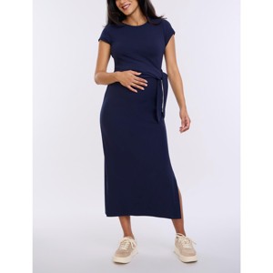 Women's Crew Neck Short Sleeve Side Tie Maternity Midi Dress | Motherhood Maternity - 1 of 4