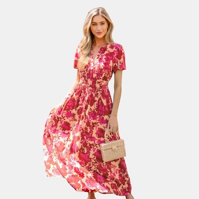 Women's Red Floral Print Smocked Maxi Dress - Cupshe