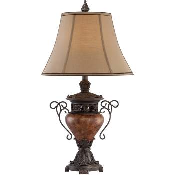 Regency Hill Traditional Table Lamp 31 1/2" Tall USB Charging Port Urn Bronze Faux Silk Bell Shade for Bedroom Living Room Office