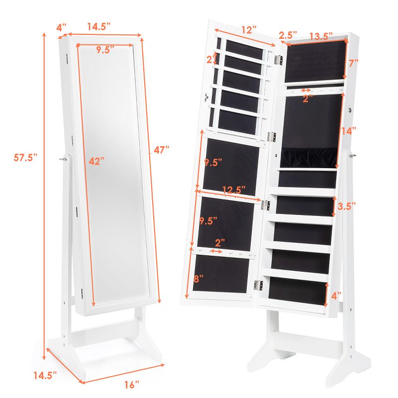 Costway Jewelry Cabinet Stand Mirror Armoire Lockable Organizer Large Storage Box White\Black\Brown, 2 of 11