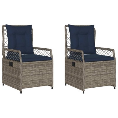 vidaXL Reclining Patio Chairs 2 Pcs Set - Outdoor Rattan Recliner Armchair in Gray with Navy Cushions