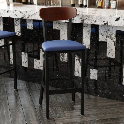 Wright 59'' Blue and Walnut Modern Commercial Barstool with Steel Frame