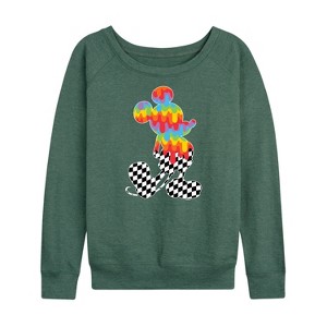 Women's - Disney - Mickey Silhouette Drip Checker Lightweight French Terry Wide Neck Long Sleeve Shirt - 1 of 4