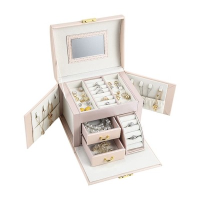 Pink 3-Layer Portable Jewelry Box Organizer with Mirror ¨C Storage for Rings, Bracelets, Earrings & Necklaces, Perfect Gift for Girls/Women
