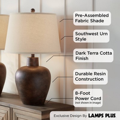 Set of 2 Dark Terra Cotta Urn Table Lamps with Tapered Fabric Drum Shades
