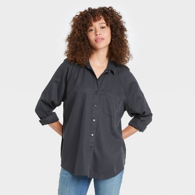 Women's Raglan Long Sleeve Button-Down Shirt - Universal Thread™ Charcoal Gray XS