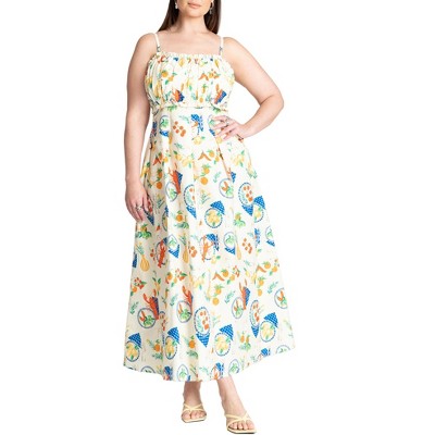 ELOQUII Women's Plus Size Shirred Bodice Ruffle Maxi Dress