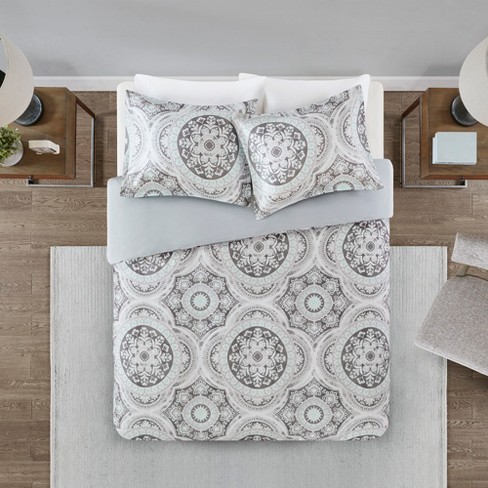 3pc Von Cotton Medallion Print Duvet Cover Set Gray Target