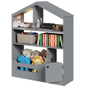Kids Bookshelf, Toy Storage Organizer, Wooden Toddler Bookcase w/Motion Sensor Light for Kids, Dollhouse Bookshelf - 1 of 4