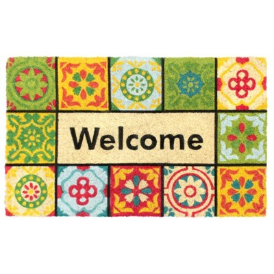 Raj Bleach Handloom Woven and Printed Welcome Folk Tile Rubber Doormat