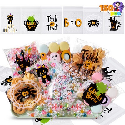 Joyfy 150Pcs Halloween Cellophane Treat Bags,Clear Goodie Bag for Party Favors,Ziplock Bag For Kids Treat or Trick,Cookie and Candy Bags in 6 Designs