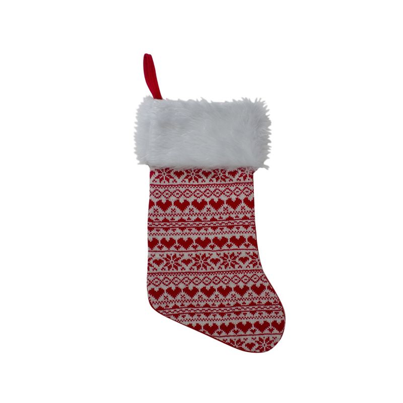Northlight 19" Red and White Hearts With Snowflakes Knit Christmas Stocking Faux Fur Cuff, 1 of 5