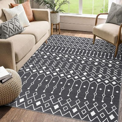 Acekool Washable Boho Area Rug, Low Pile, Non Slip, Foldable, Geometric Print for Entryway, Kitchen, Living Room, Blue Gray, Multi Sizes