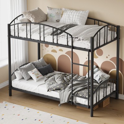 Bunk Bed Twin Over Twin with Ladder and Arched Guardrail, Heavy Duty Bunkbeds Frame with Sturdy Steel Slats Support