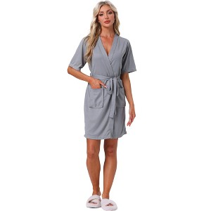 INSPIRE CHIC Womens Bath Robe Waffle Short Sleeve Wrapping Straps Soft Robe with Pocket Loungewear - 1 of 4
