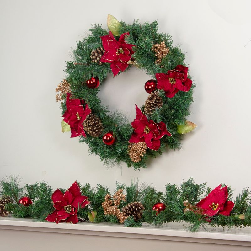 Northlight Green Pine and Poinsettias Artificial Christmas Wreath - 24-Inch, Unlit, 3 of 5