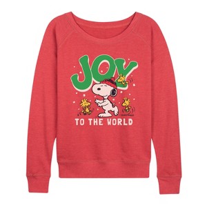 Women's - Peanuts - Snoopy Joy Lightweight French Terry Wide Neck Long Sleeve Graphic Shirt - 1 of 4