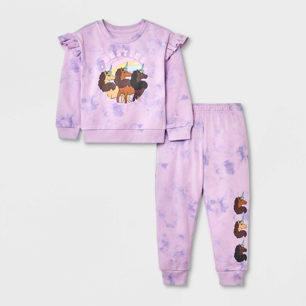 Toddler Girls' Afro Unicorn Tie-Dye Top and Bottom Set - Purple 2T