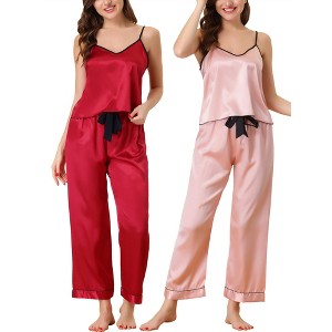 cheibear Women's Satin Silky Sleepwear Suspender Cami Top Long Pants Soft Pajama Set 2Packs - 1 of 4