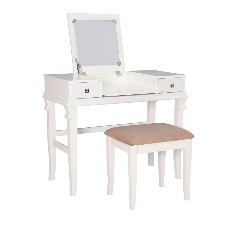 Adler Traditional Wood 2 Drawer Lift Top Mirror Vanity and Upholstered Stool White - Linon, 1 of 19