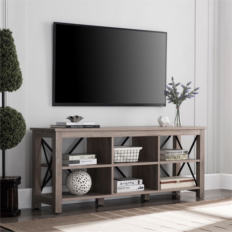 58" Open Back TV Stand in Gray Oak Wood with Metal Black Accents - Henn&Hart, 2 of 9