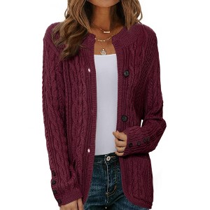 INSPIRE CHIC Women's Button Down Long Sleeve Crew Neck with Pockets Casual Sweater Cardigan - 1 of 4