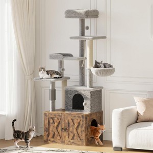Cat Tree with Litter Box Enclosure, Large Wooden Cat Furniture, Condo, Hammock, Perch, Scratching Post, Brown - 1 of 4
