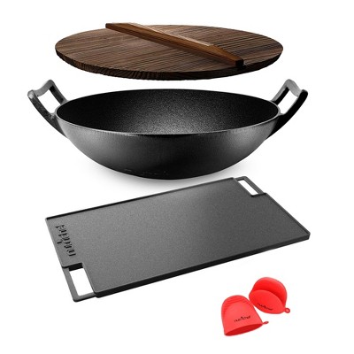 Nutrichef 18 Inch Cast Iron Griddle Skillet Reversible Grilling Plate Pan  For Stove Top With Heat Resistant Oven Grab Mitt, Black : Target