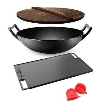 NutriChef Pre Seasoned Cooking Wok Cast Iron Stir Fry Pan with Griddle Skillet Reversible Grilling Plate Pan Kitchen Cookware