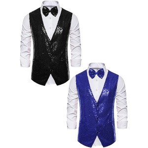 Lars Amadeus Men's Glitter Sequin Sleeveless Suit Vest Set with Bow Tie 2 Packs - 1 of 4