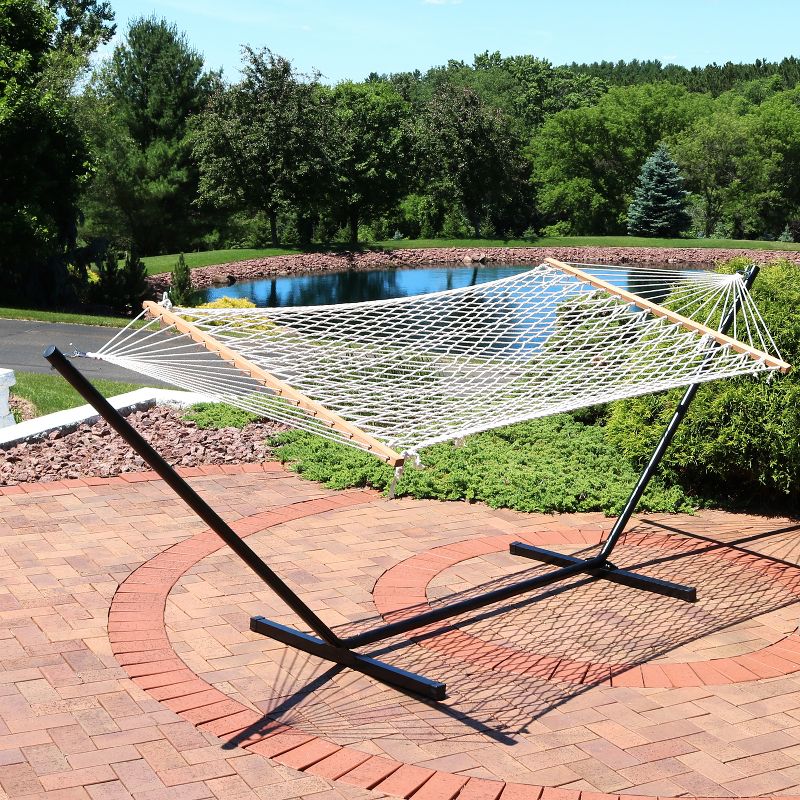 Sunnydaze Outdoor Cotton Rope Hammock with Unfinished Wood Spreader Bars and 12ft Black Steel Tri-Beam Stand, 2 of 8
