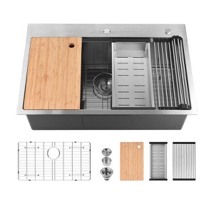 Cobbe Nano gray 33" Multifunctional Drop-in Workstation Kitchen Sink, Stainless Steel Modern Single Bowl Kitchen Sink with Accessories - 1 of 4
