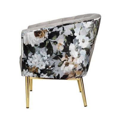Floral Black Velvet Barrel Accent Chair with Wood Accents