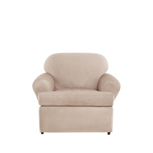 2pc Ultimate Stretch Suede T Cushion Chair Slipcovers Cement - Sure Fit: Polyester & Spandex, Machine Washable - 1 of 4