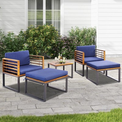 Acacia Wood and Metal 5-Piece Patio Set with Navy Cushions