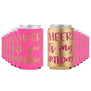 Juvale 12-Pack Women's Birthday Can Cooler Sleeves, 12 oz Insulated Beer Soda Holder, Gold "Cheers" Font & Pink Holder Party Supplies - 1 of 4